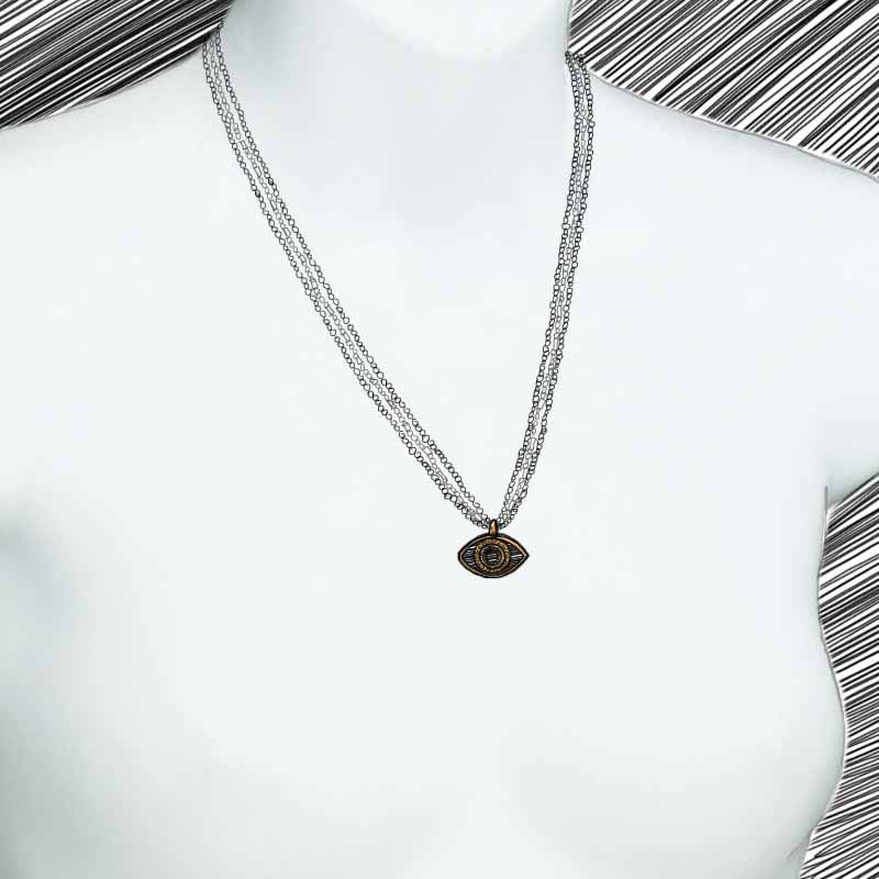 Michal Golan Small gray evil eye necklace w/ crystal center, handmade at Michal Golan Studios USA
