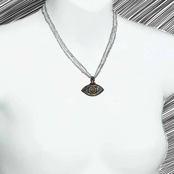 Michal Golan Medium silver & gold evil eye necklace with crystal center & edges on triple chain, handmade at Michal Golan Studios USA
