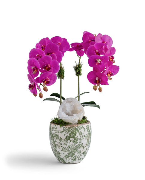 T&C Floral Company Home Decor Double  Orchid in Green & White Floral Ceramic Vase Fusica
