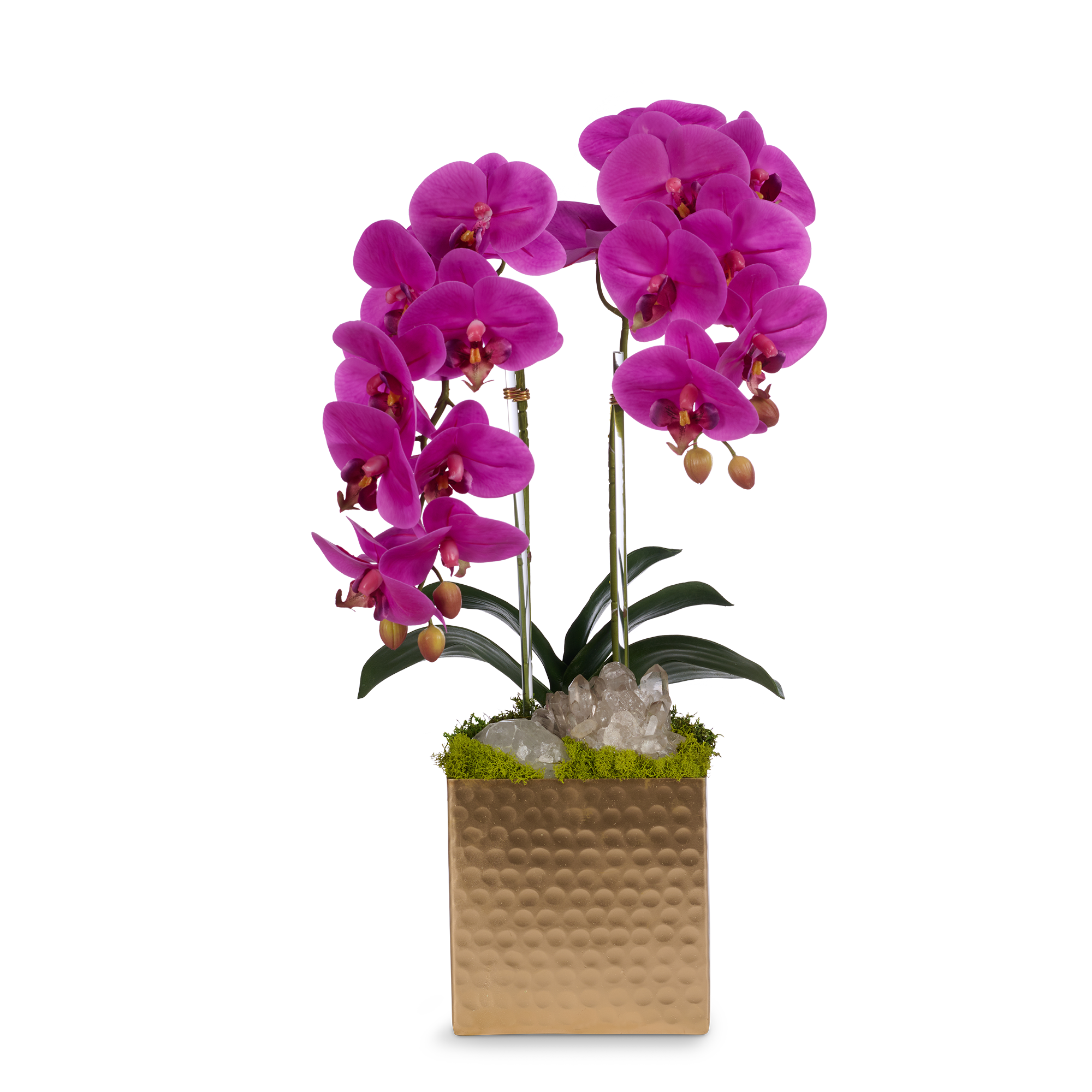 T&C Floral Company Home Decor Fuchsia Double Orchids in Gold Hammered Metal Square Container with Quartz