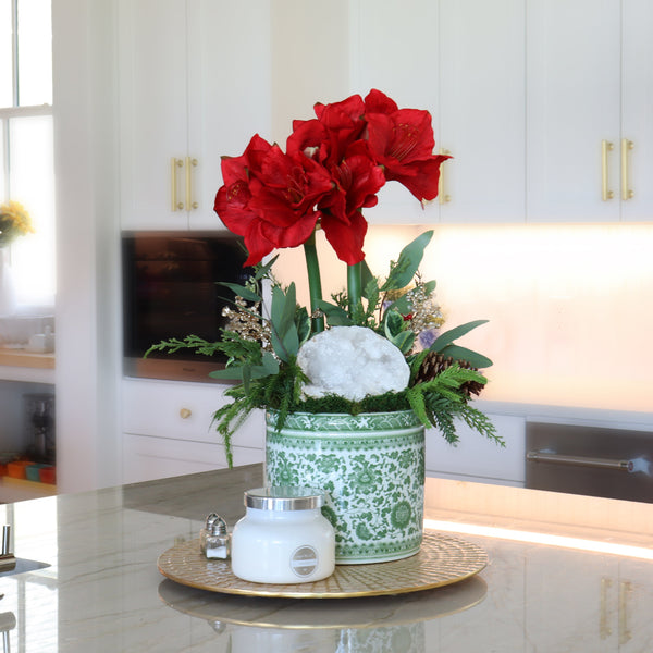 T&C Floral Company Home Decor Double Red Amaryllis in Green Oriental Container White