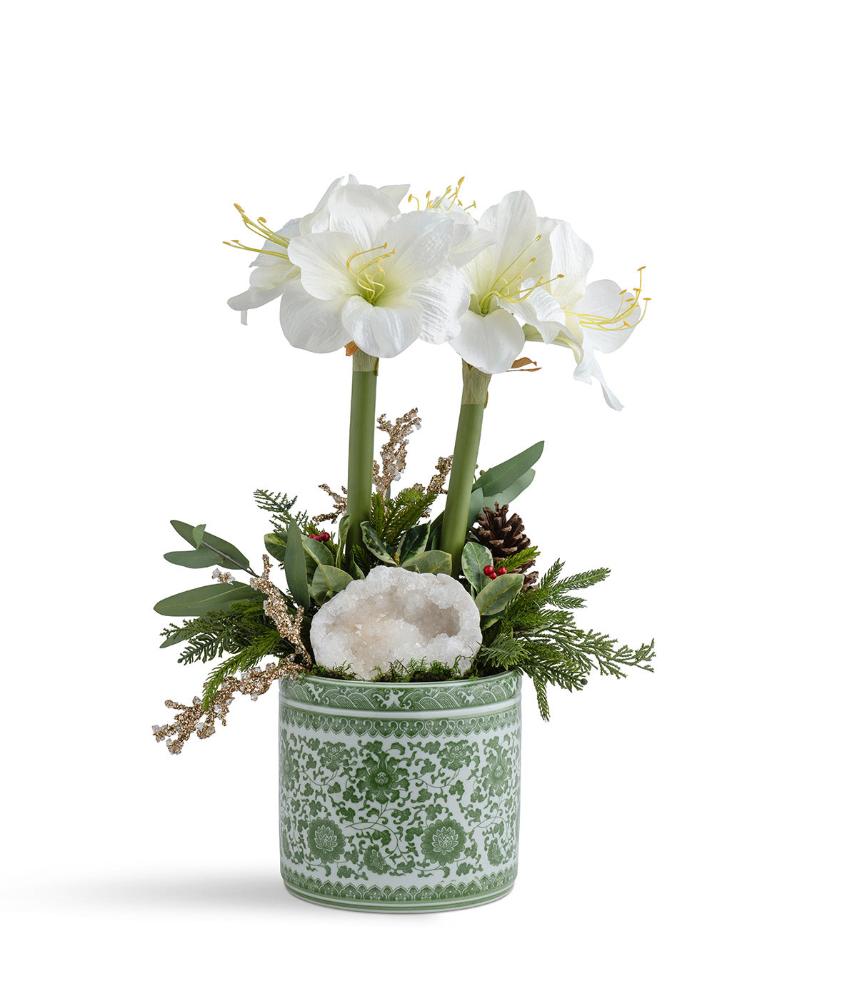 T&C Floral Company Home Decor Double Red Amaryllis in Green Oriental Container White