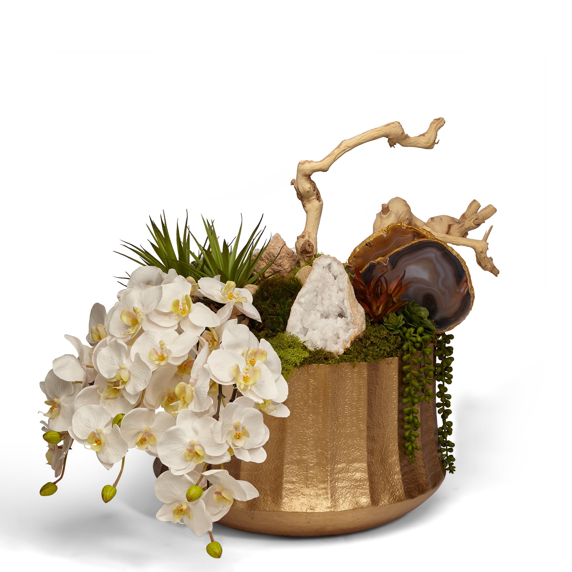 T&C Floral Company Home Decor Gold Container with Quartz Draped Orchids in Embellished Container