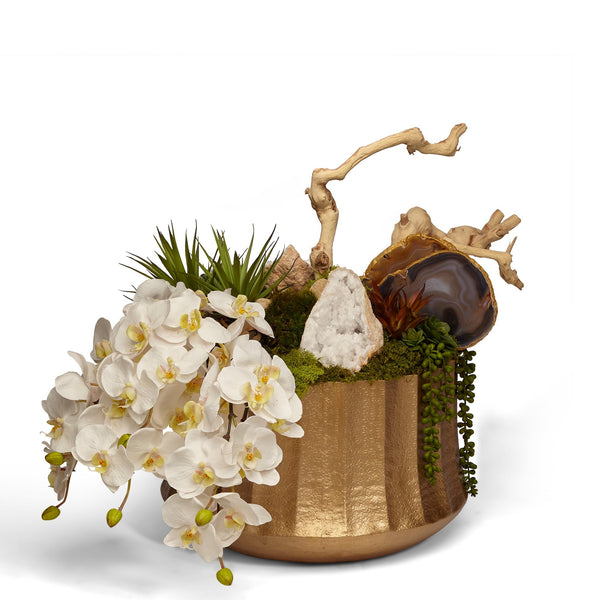 T&C Floral Company Home Decor Gold Container with Quartz Draped Orchids in Embellished Container