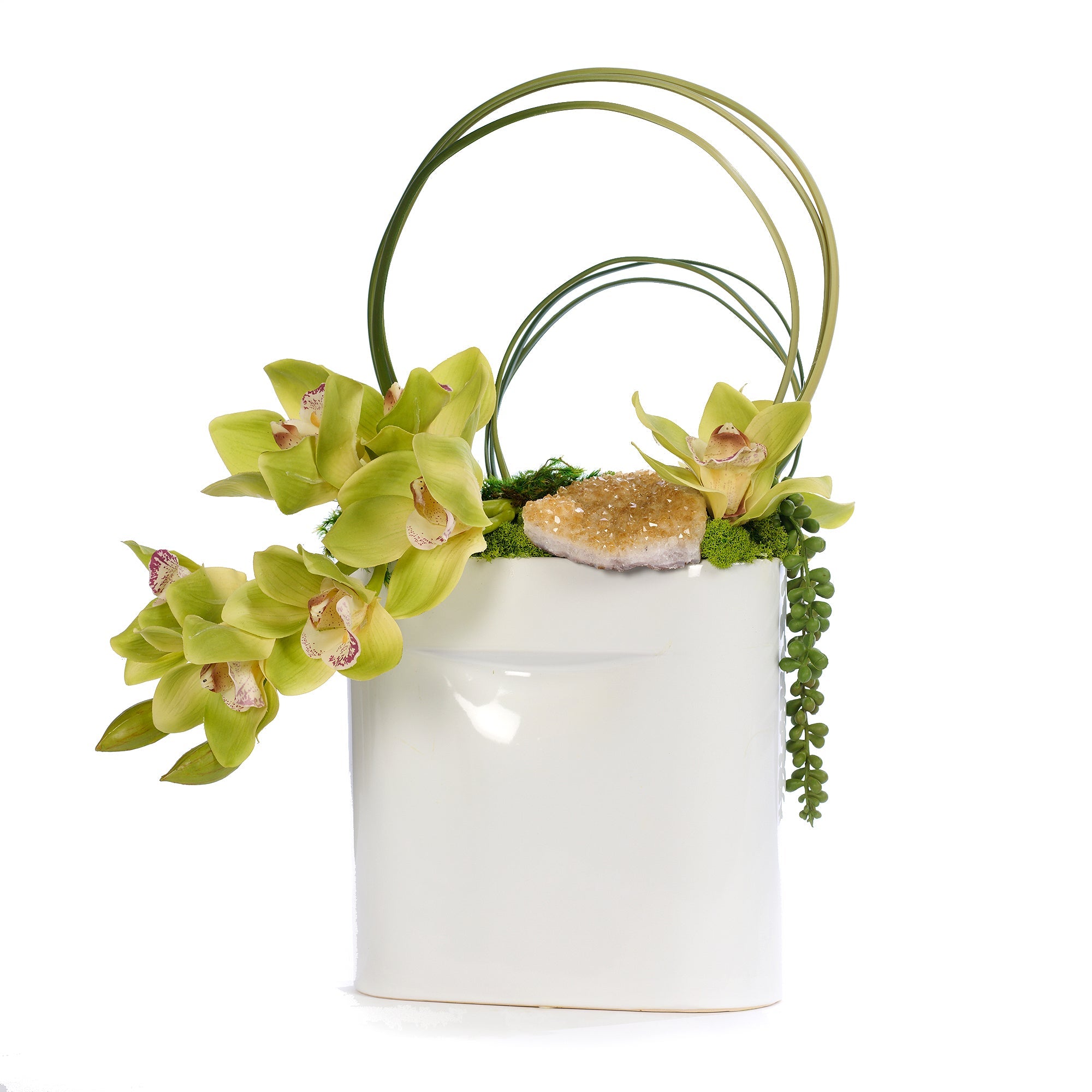T&C Floral Company Home Decor Green/Citrine Draped Orchids in Flat Ceramic Vase