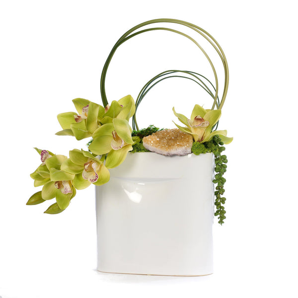 T&C Floral Company Home Decor Green/Citrine Draped Orchids in Flat Ceramic Vase