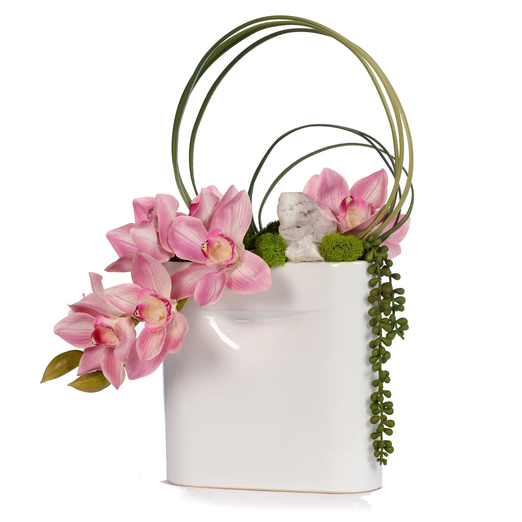 T&C Floral Company Home Decor Pink/Quartz Draped Orchids in Flat Ceramic Vase