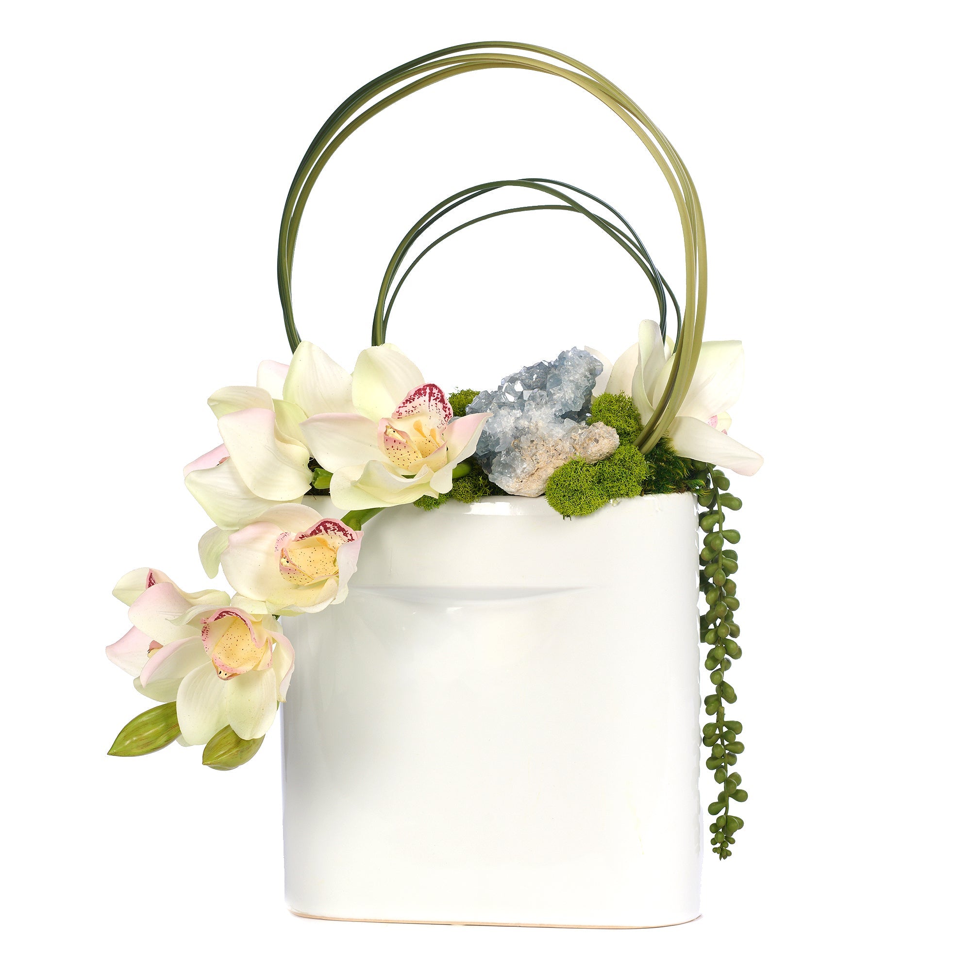 T&C Floral Company Home Decor White/Blue Celestite Draped Orchids in Flat Ceramic Vase
