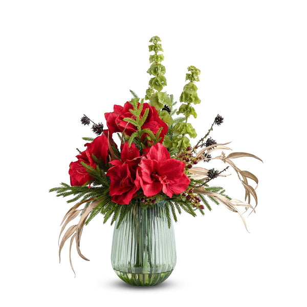 T&C Floral Company Home Decor Festive Amaryllis in Green Glass Vase Red