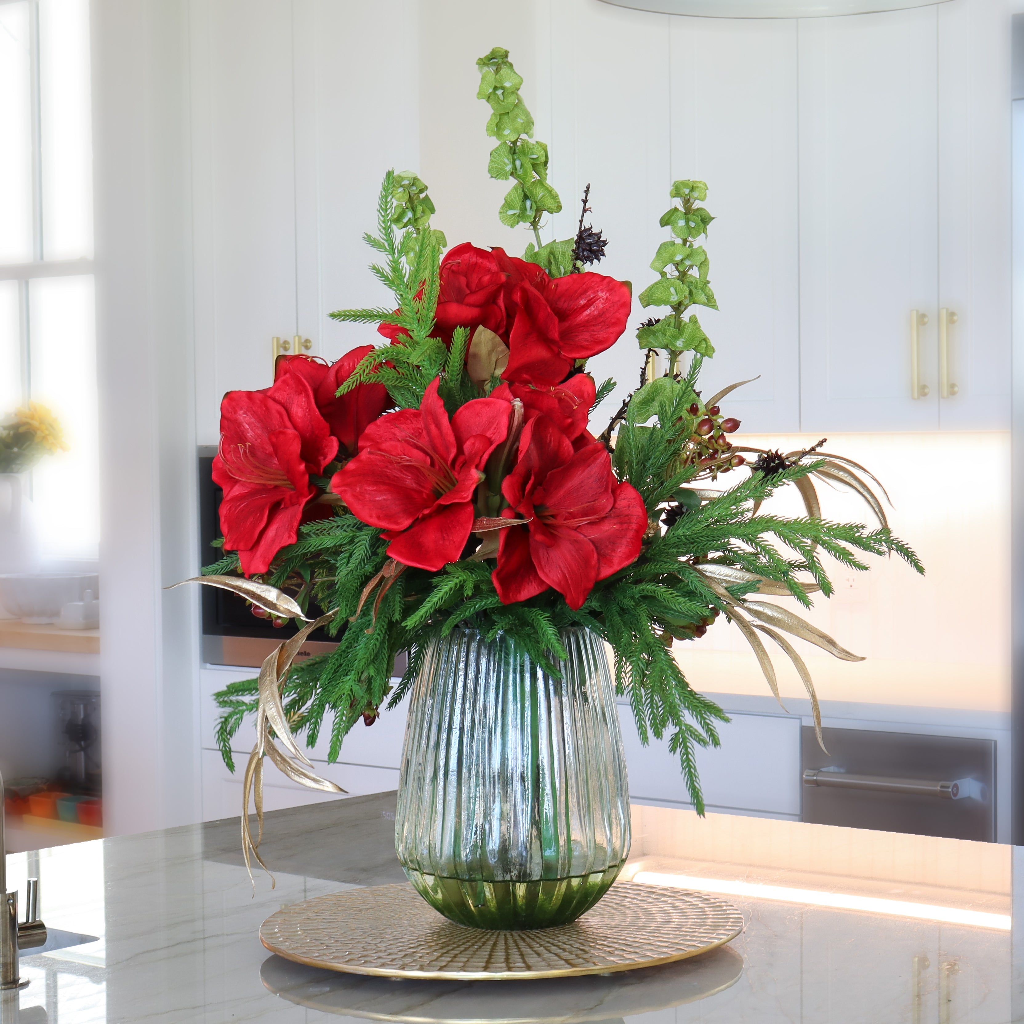 T&C Floral Company Home Decor Festive Amaryllis in Green Glass Vase Red