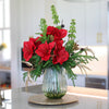 T&C Floral Company Home Decor Festive Amaryllis in Green Glass Vase Red