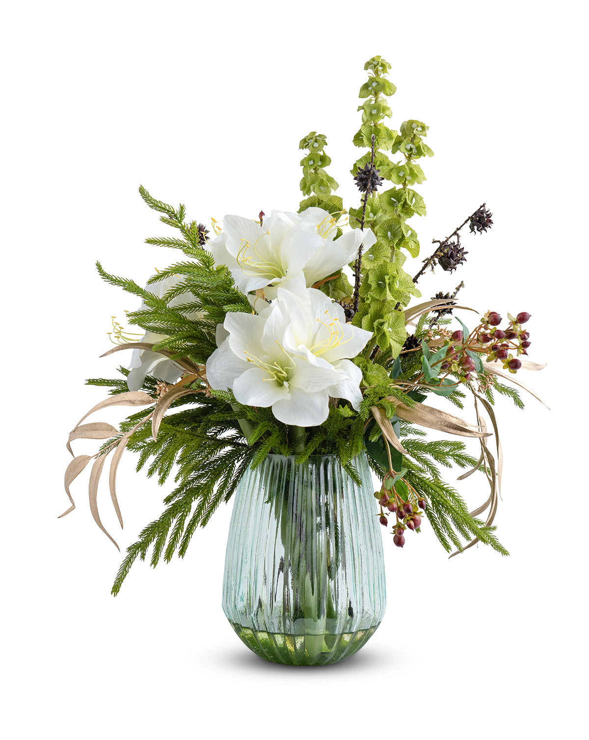 T&C Floral Company Home Decor Festive Amaryllis in Green Glass Vase White