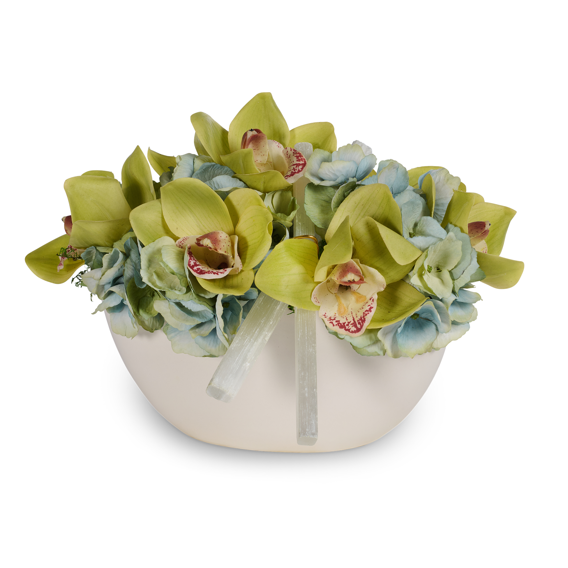 T&C Floral Company Home Decor Green Hydrangea & Orchid White Container with Selenite