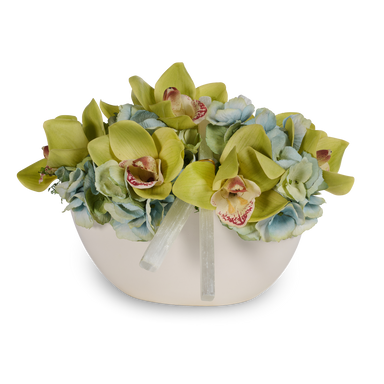 T&C Floral Company Home Decor Green Hydrangea & Orchid White Container with Selenite