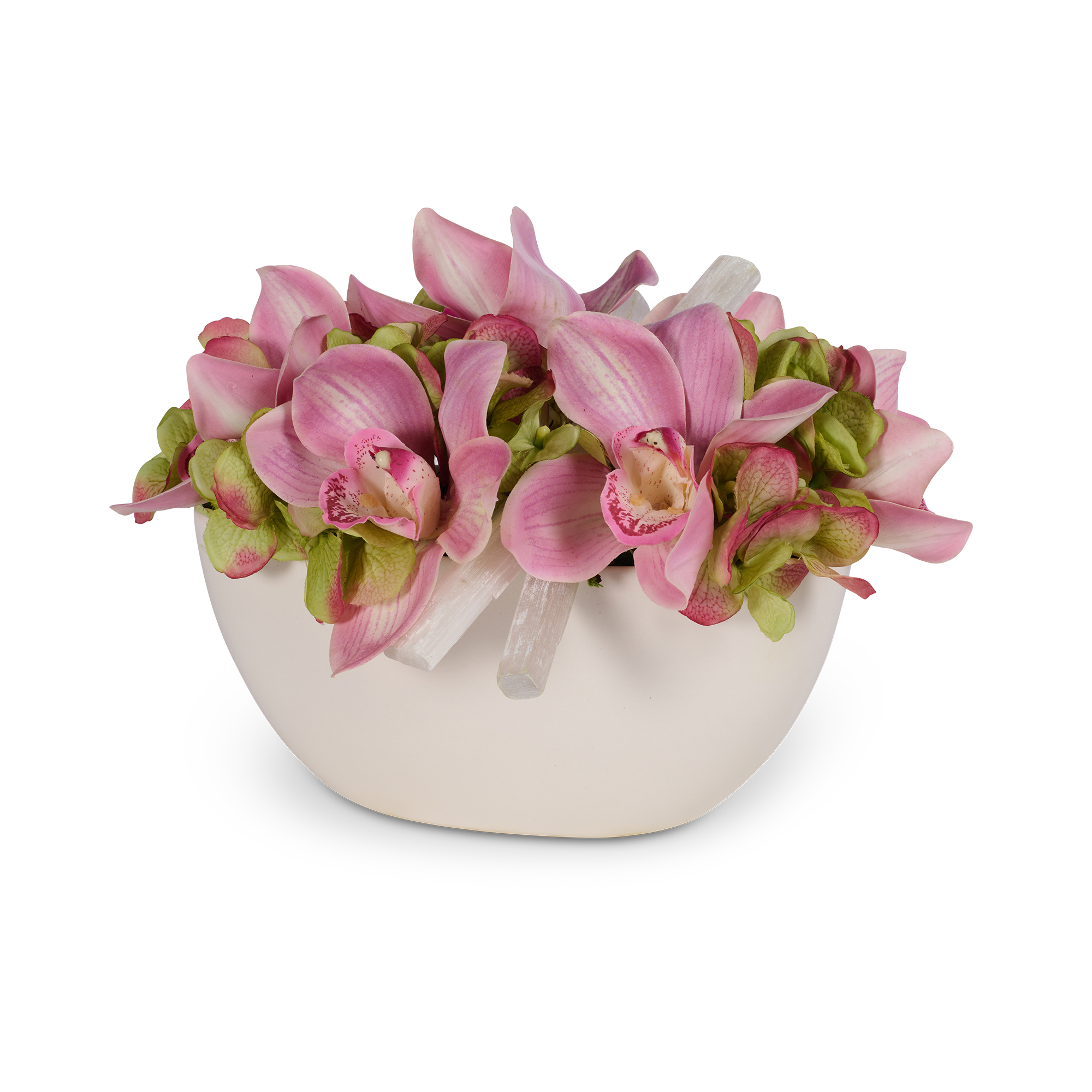 T&C Floral Company Home Decor Pink Hydrangea & Orchid White Container with Selenite