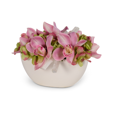 T&C Floral Company Home Decor Pink Hydrangea & Orchid White Container with Selenite