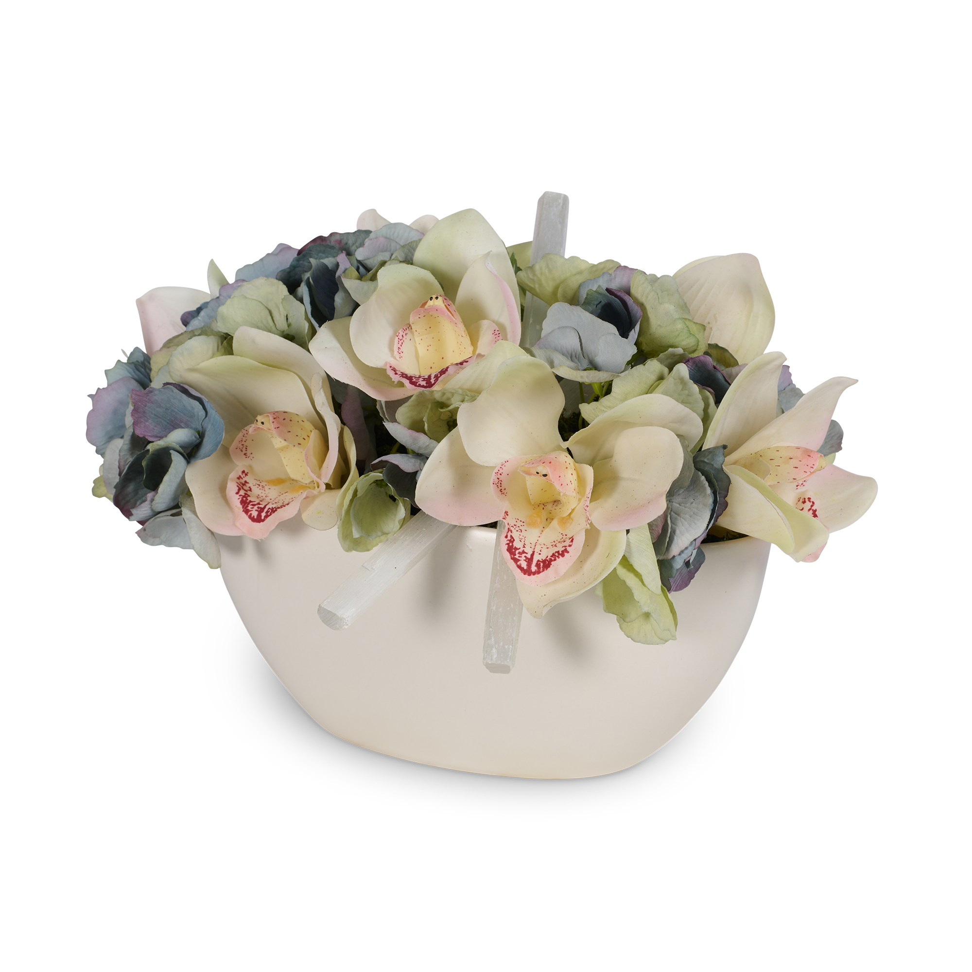 T&C Floral Company Home Decor White Hydrangea & Orchid White Container with Selenite