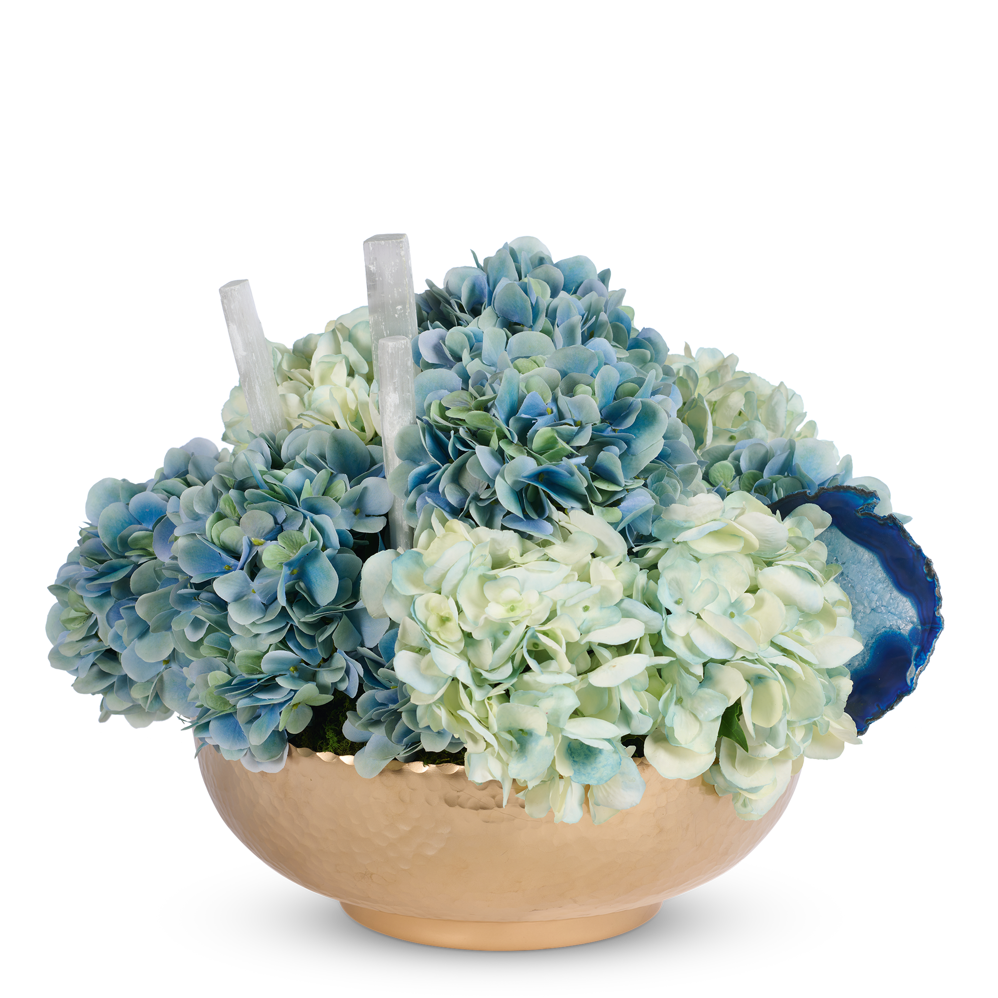 T&C Floral Company Home Decor Blue Hydrangeas in a Hammered Metal Bowl with Selenite and Agate Slabs