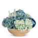 T&C Floral Company Home Decor Blue Hydrangeas in a Hammered Metal Bowl with Selenite and Agate Slabs