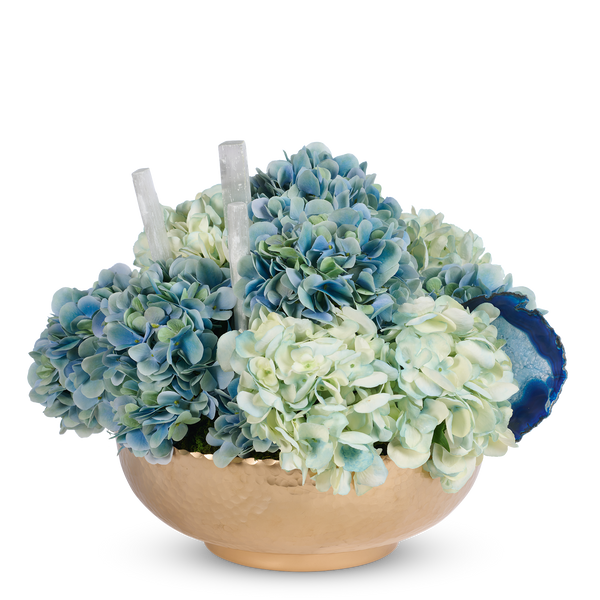 T&C Floral Company Home Decor Blue Hydrangeas in a Hammered Metal Bowl with Selenite and Agate Slabs