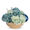 T&C Floral Company Home Decor Blue Hydrangeas in a Hammered Metal Bowl with Selenite and Agate Slabs