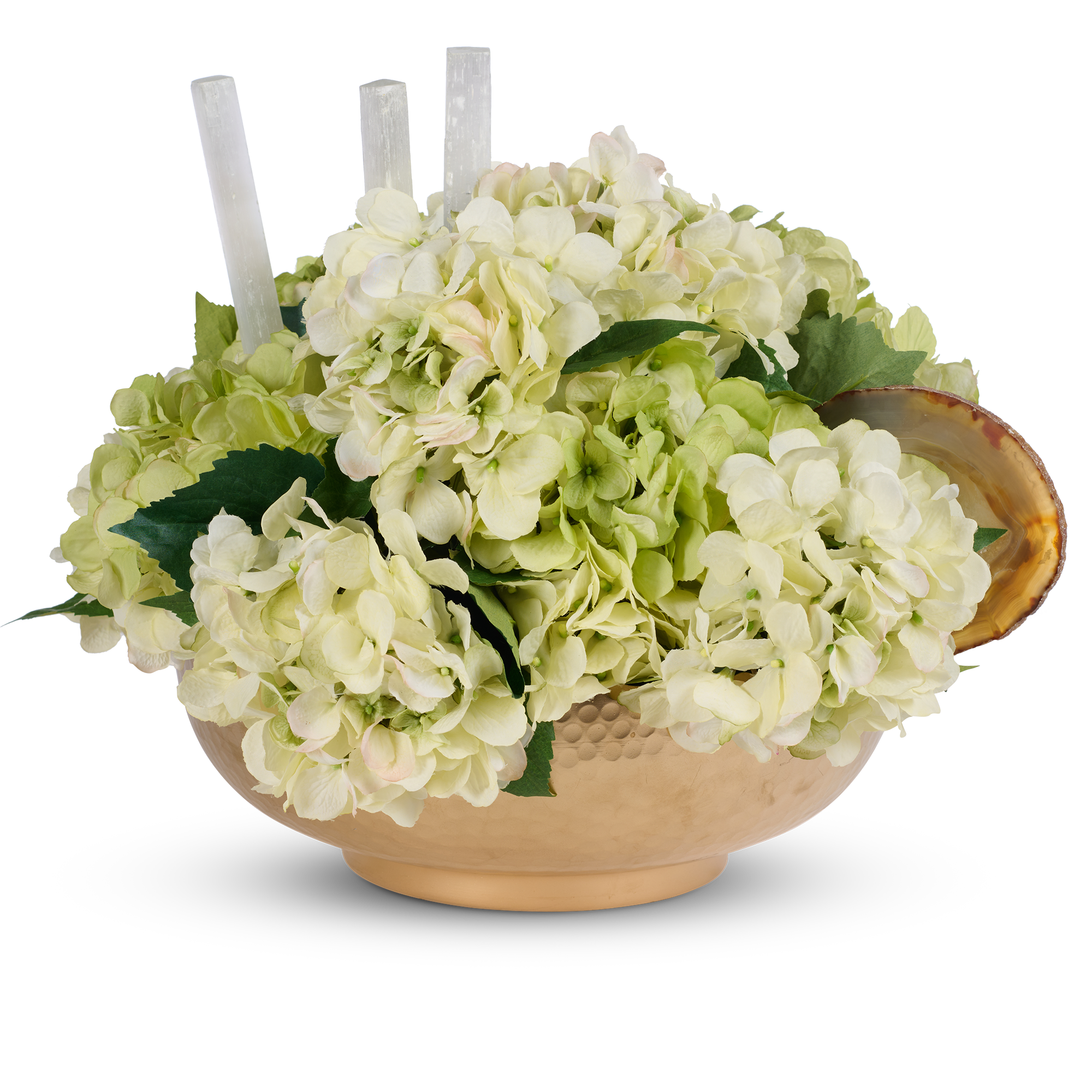 T&C Floral Company Home Decor Cream Hydrangeas in a Hammered Metal Bowl with Selenite and Agate Slabs