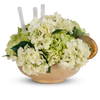 T&C Floral Company Home Decor Cream Hydrangeas in a Hammered Metal Bowl with Selenite and Agate Slabs