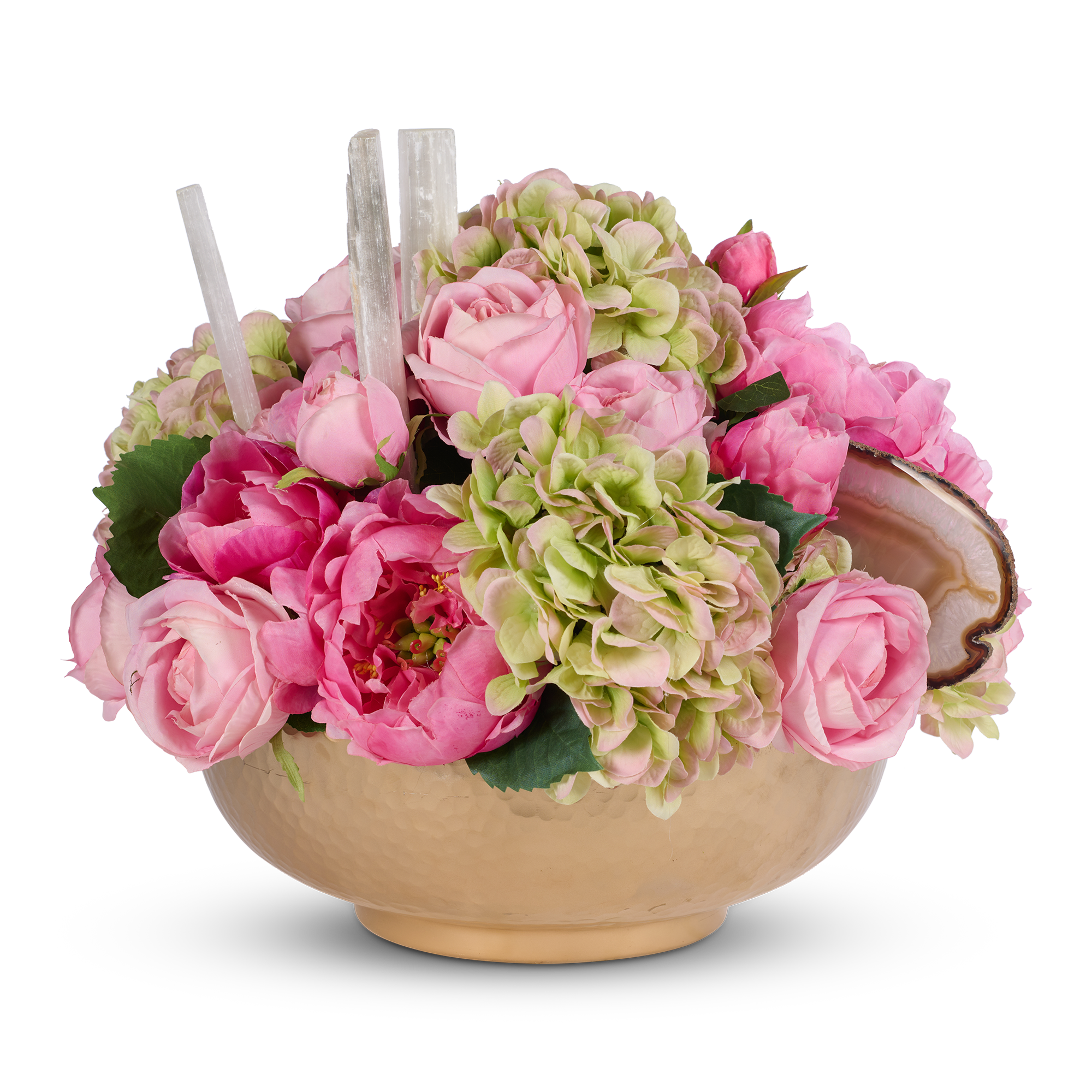 T&C Floral Company Home Decor Pink Hydrangeas in a Hammered Metal Bowl with Selenite and Agate Slabs