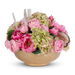 T&C Floral Company Home Decor Pink Hydrangeas in a Hammered Metal Bowl with Selenite and Agate Slabs
