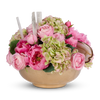 T&C Floral Company Home Decor Pink Hydrangeas in a Hammered Metal Bowl with Selenite and Agate Slabs