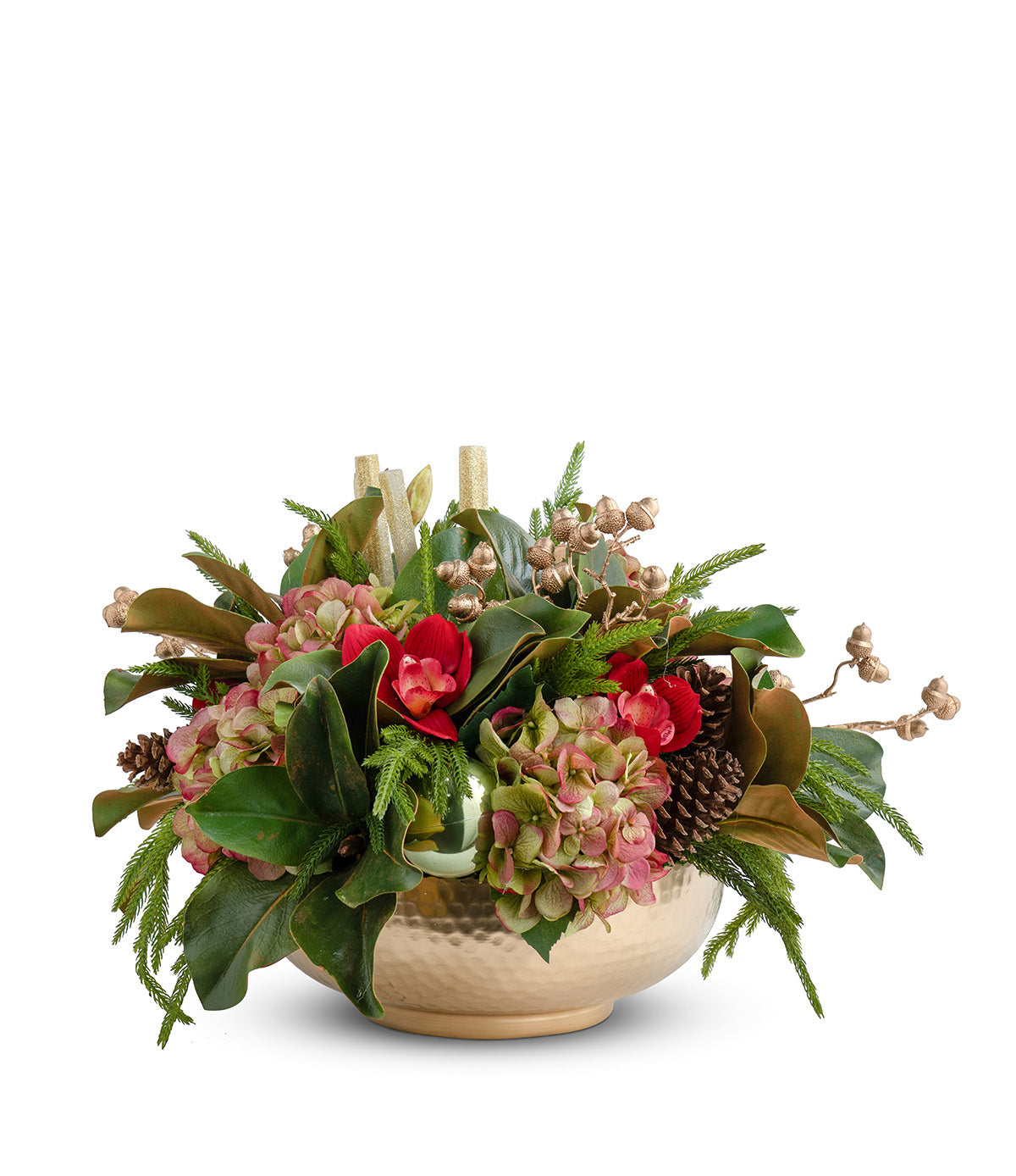 T&C Floral Company Home Decor Hydrangeas & Orchids in Gold Metal Bowl