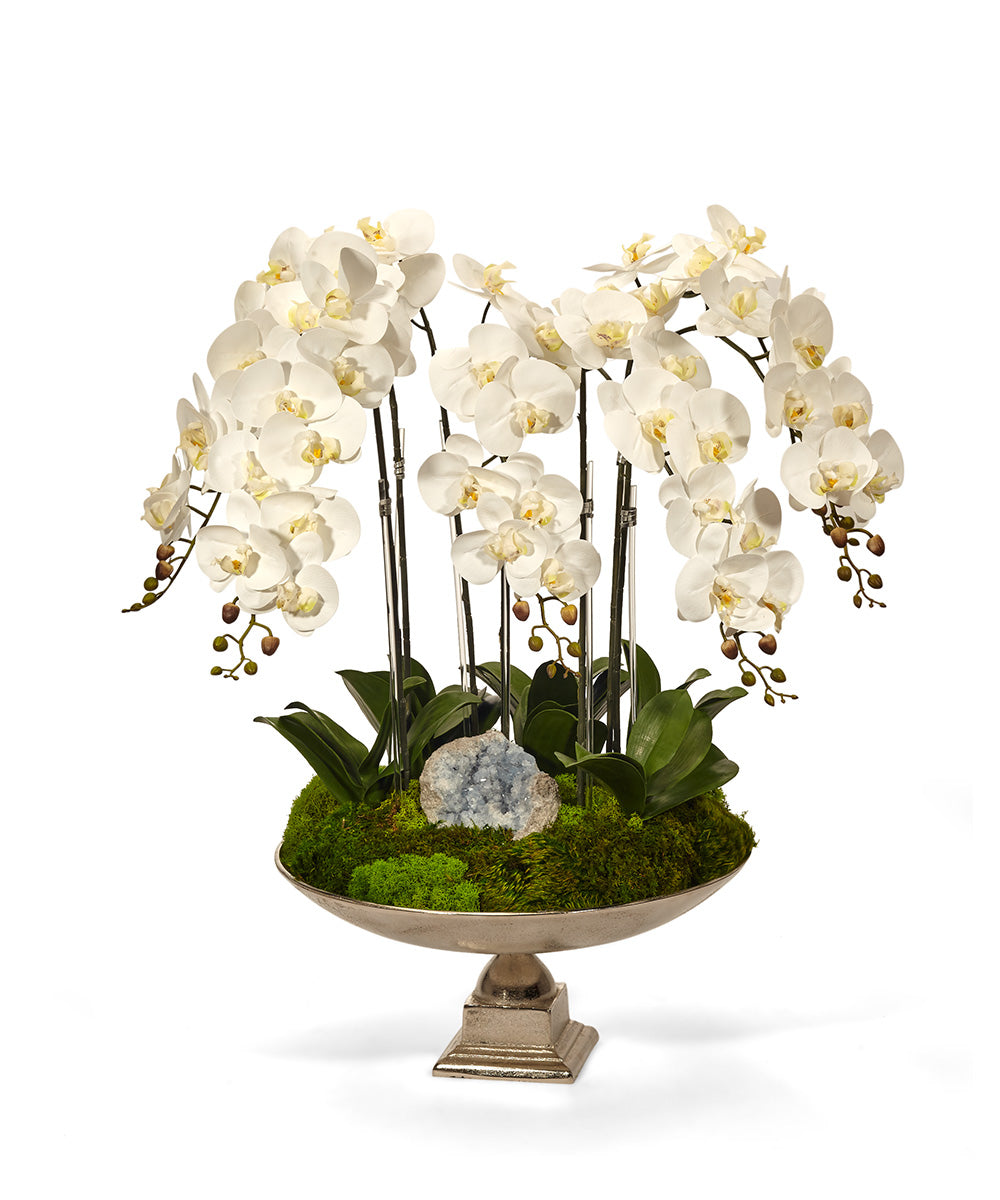 T&C Floral Company Home Decor White & Blue Calcite Orchid and Crystal in Large Silver Urn