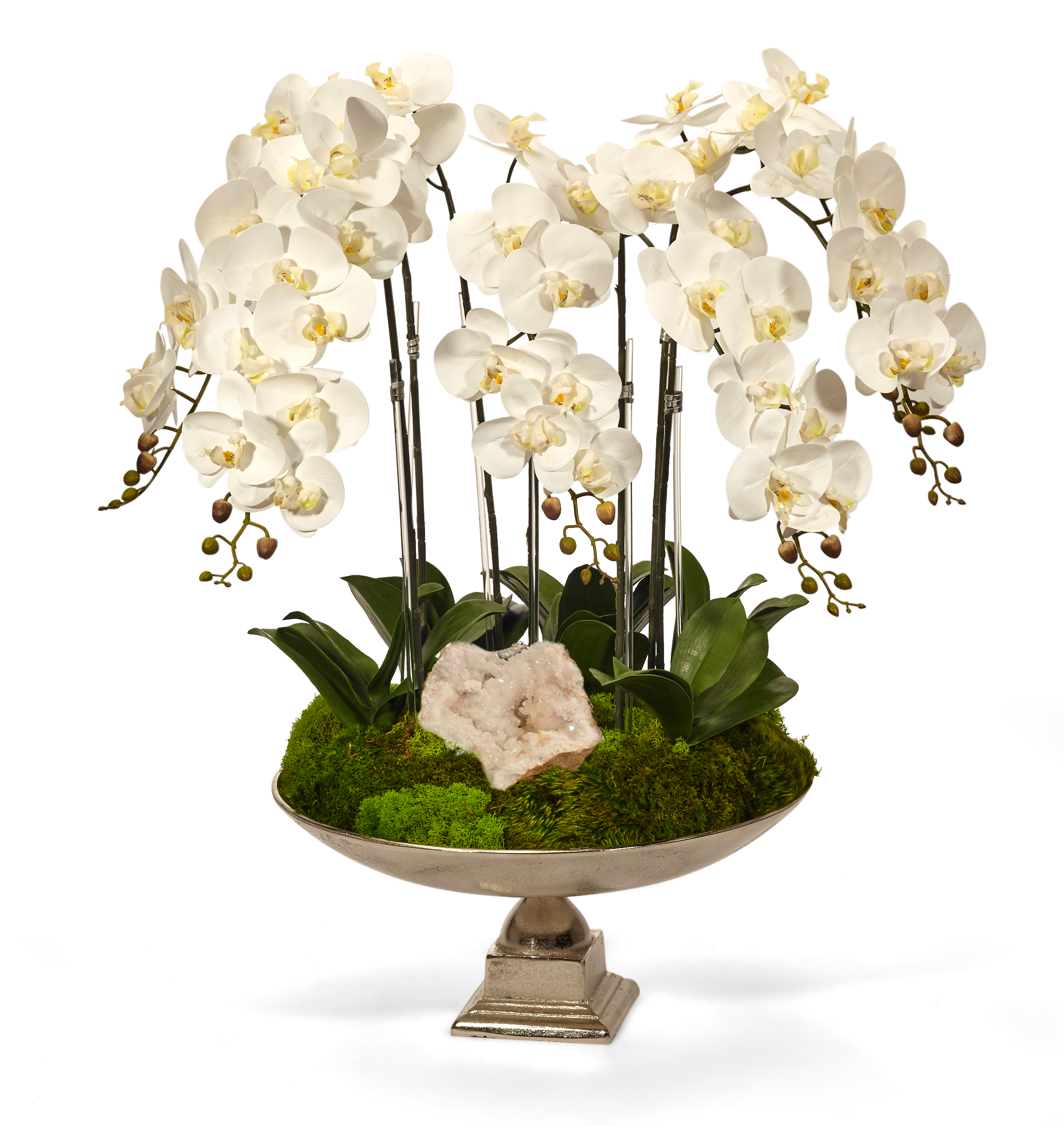 T&C Floral Company Home Decor White & Quartz Orchid and Crystal in Large Silver Urn
