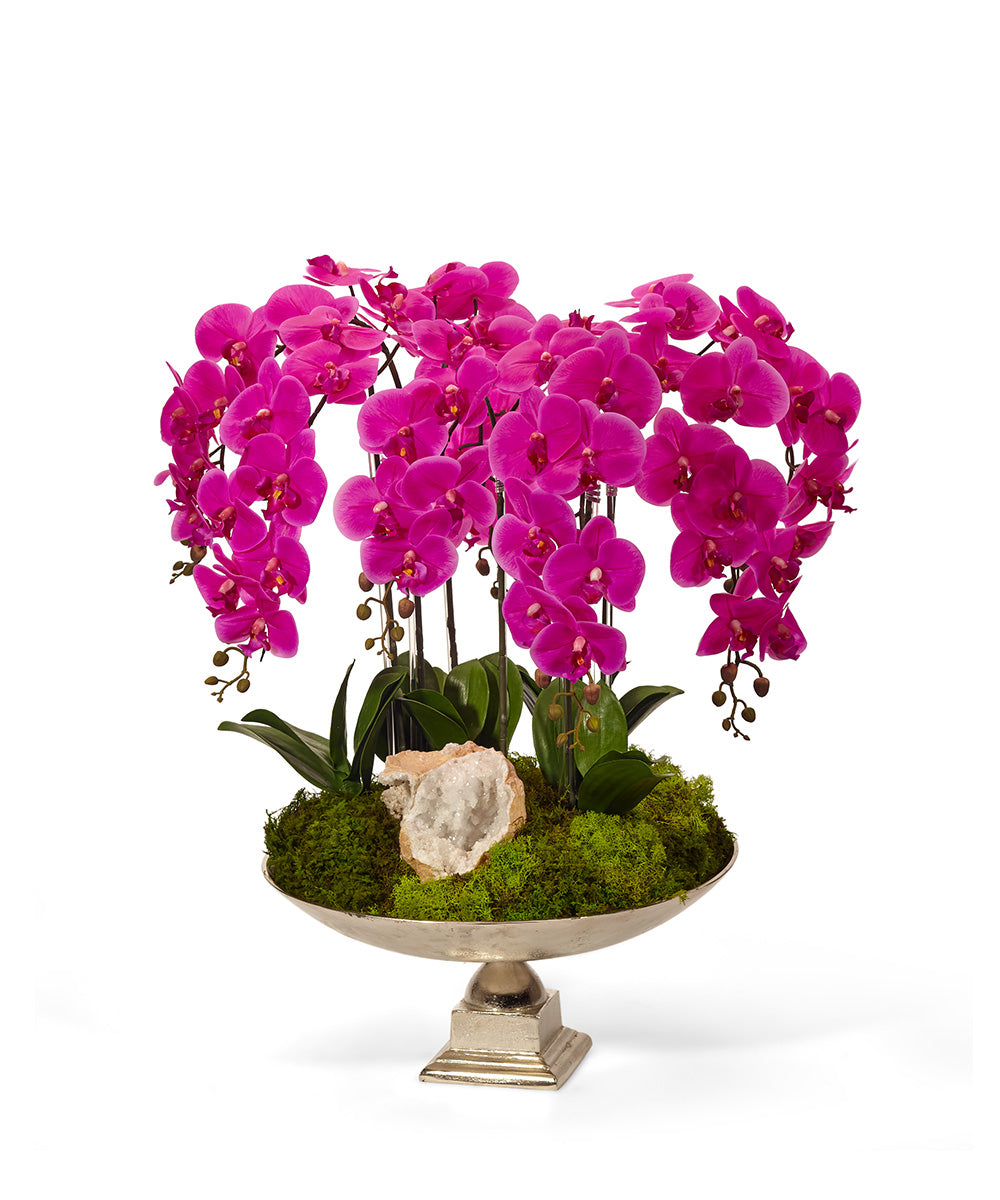 T&C Floral Company Home Decor Fuchsia & Quartz Orchid and Crystal in Large Silver Urn