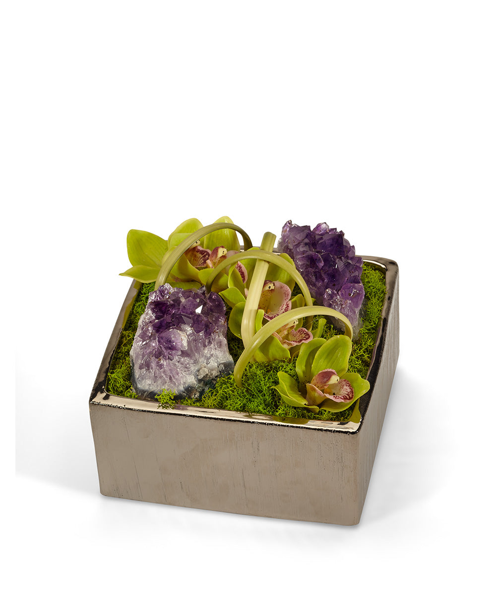 T&C Floral Company Home Decor Green & Amethyst Orchid Table Top in Silver Square
