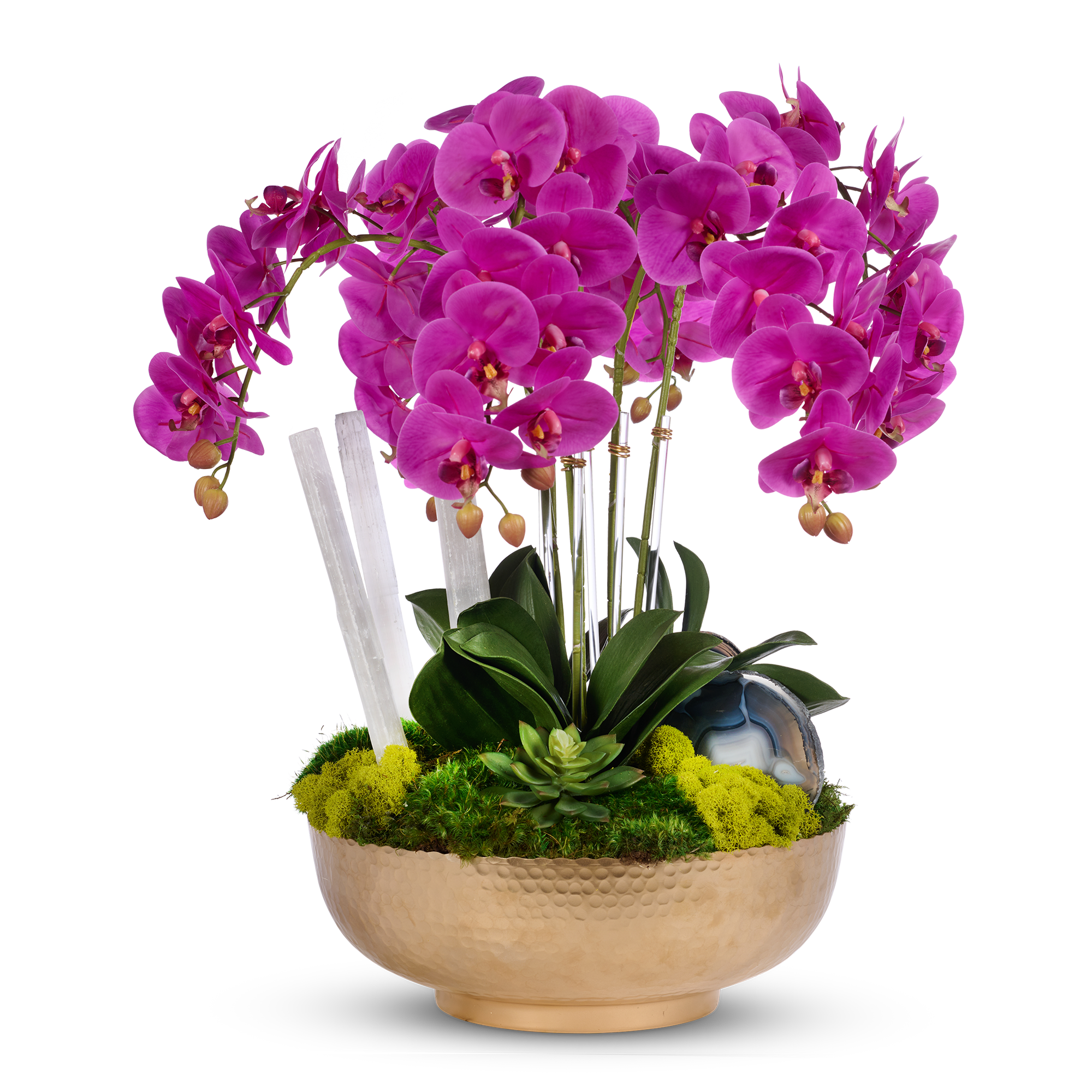 T&C Floral Company Home Decor Fuchsia Orchids in Gold Hammered Metal Bowl with Selenite & Agate Slabs