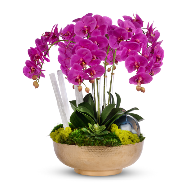 T&C Floral Company Home Decor Fuchsia Orchids in Gold Hammered Metal Bowl with Selenite & Agate Slabs