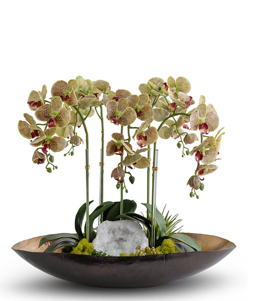 T&C Floral Company Home Decor Orchids in Mixed Metal Planter with Real Quartz Stone Green