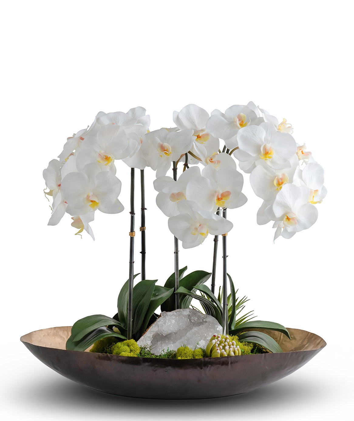 T&C Floral Company Home Decor Orchids in Mixed Metal Planter with Real Quartz Stone White