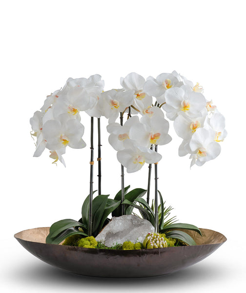 T&C Floral Company Home Decor Orchids in Mixed Metal Planter with Real Quartz Stone White