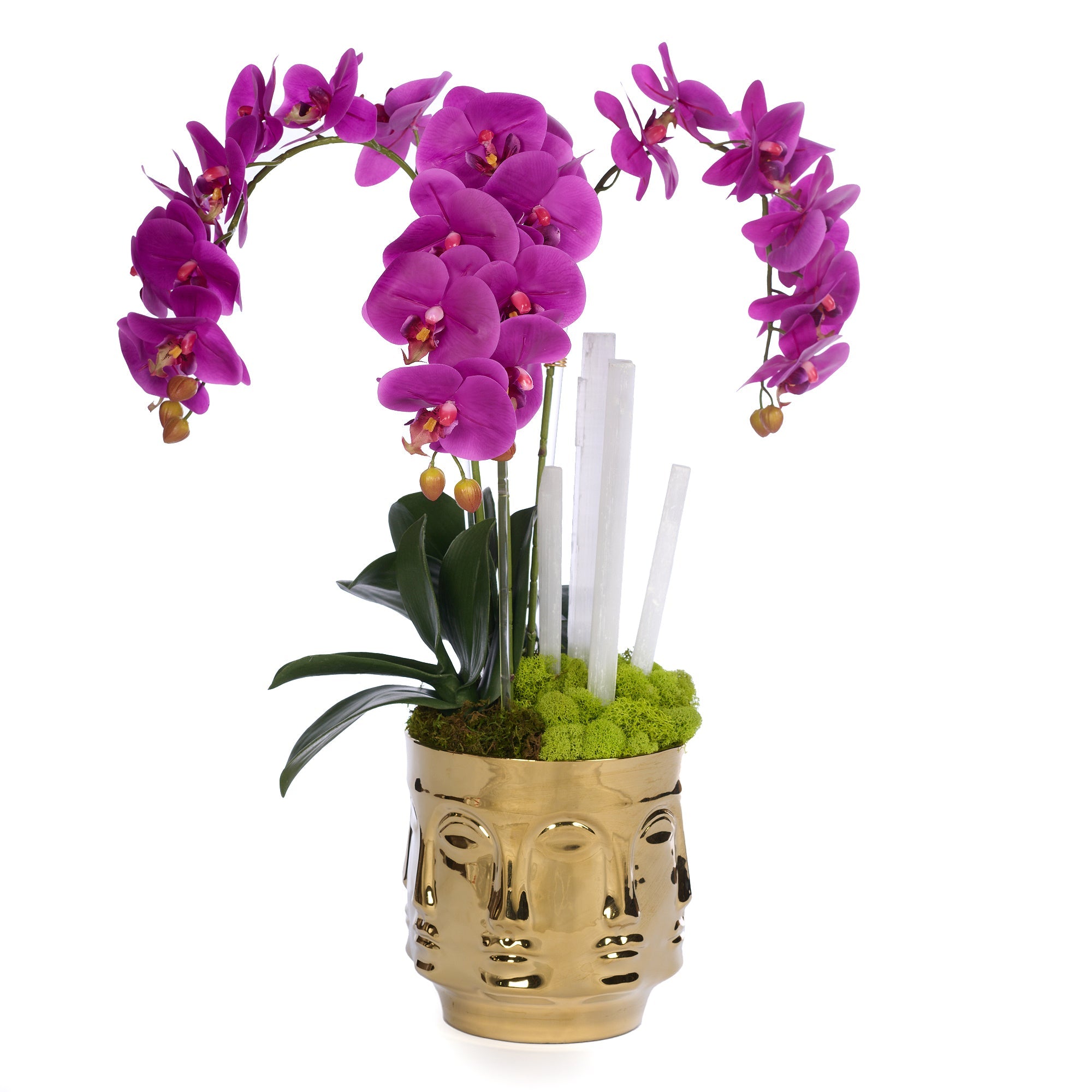 T&C Floral Company Home Decor Fuschia Gold Orchids & Selenite in Ceramic Face Vase