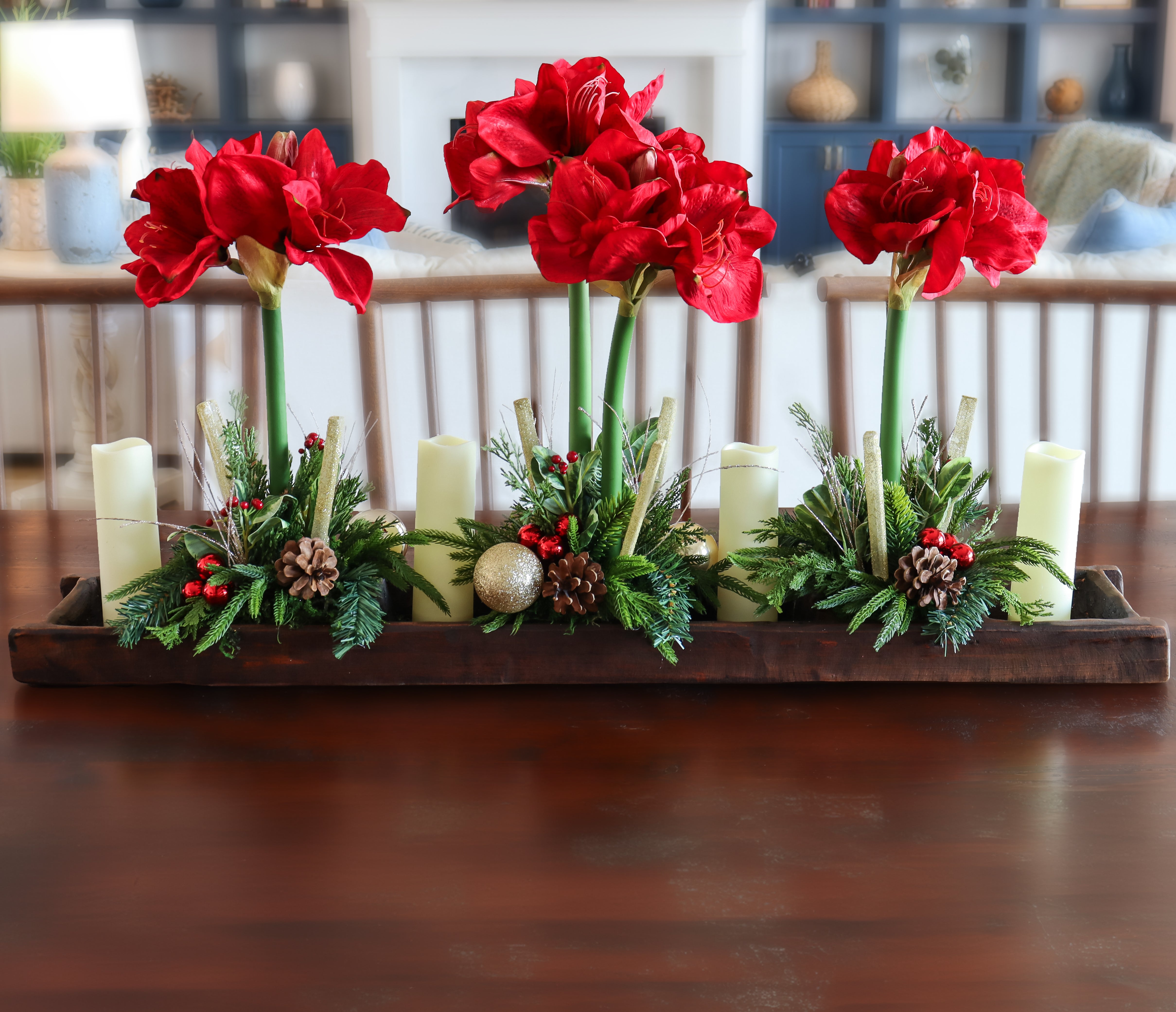 T&C Floral Company Home Decor Red Amaryllis in Wood Tray with Candles Red