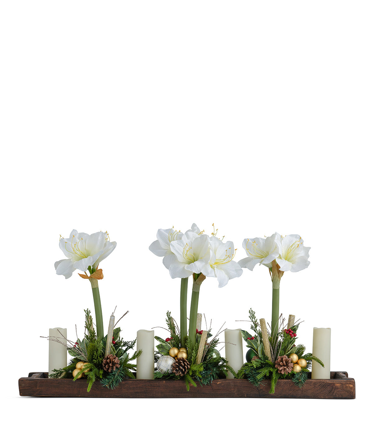 T&C Floral Company Home Decor Red Amaryllis in Wood Tray with Candles White