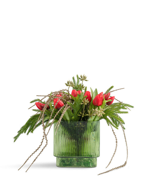 T&C Floral Company Home Decor Red Holiday Tulips in Green Glass Container