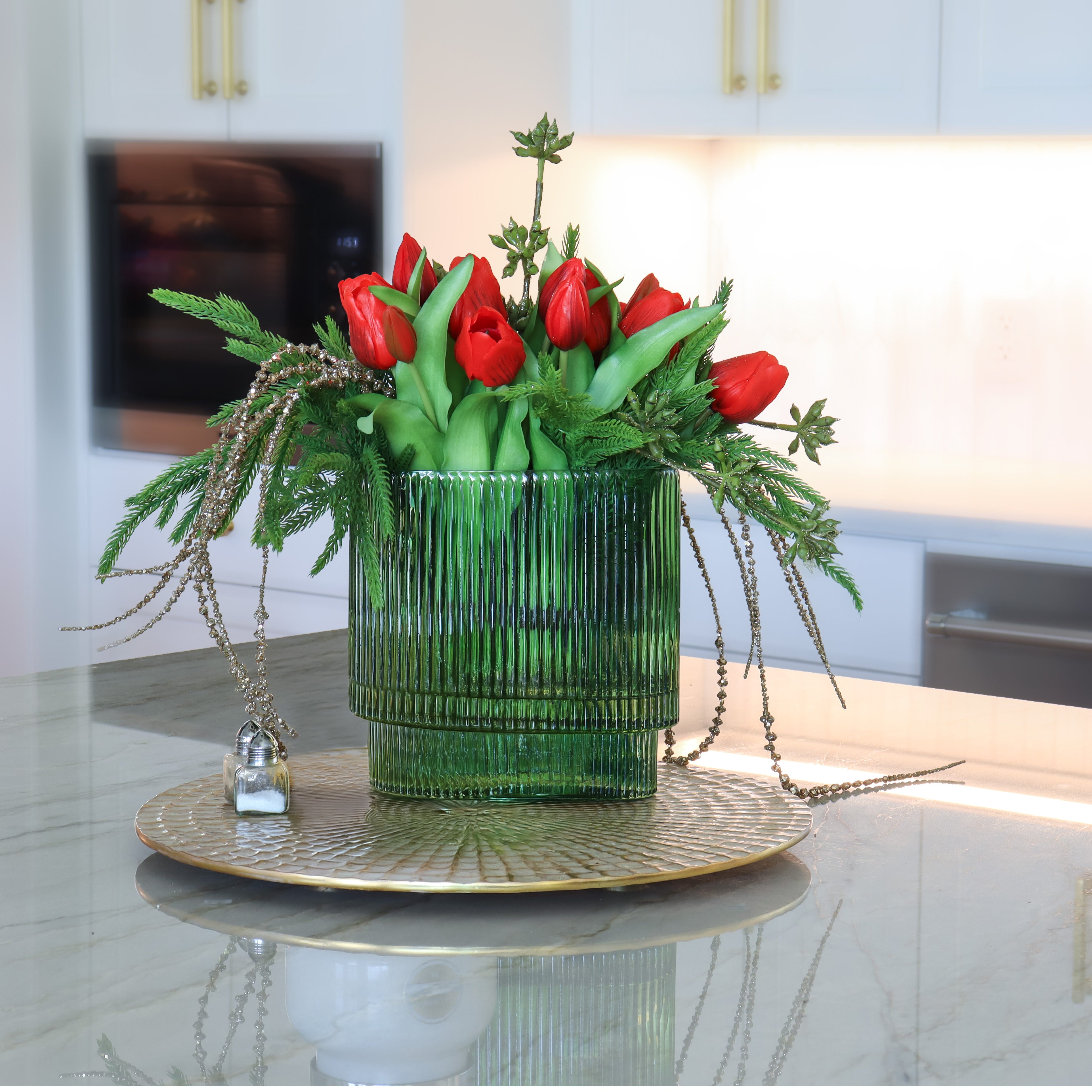 T&C Floral Company Home Decor Red Holiday Tulips in Green Glass Container
