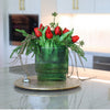 T&C Floral Company Home Decor Red Holiday Tulips in Green Glass Container