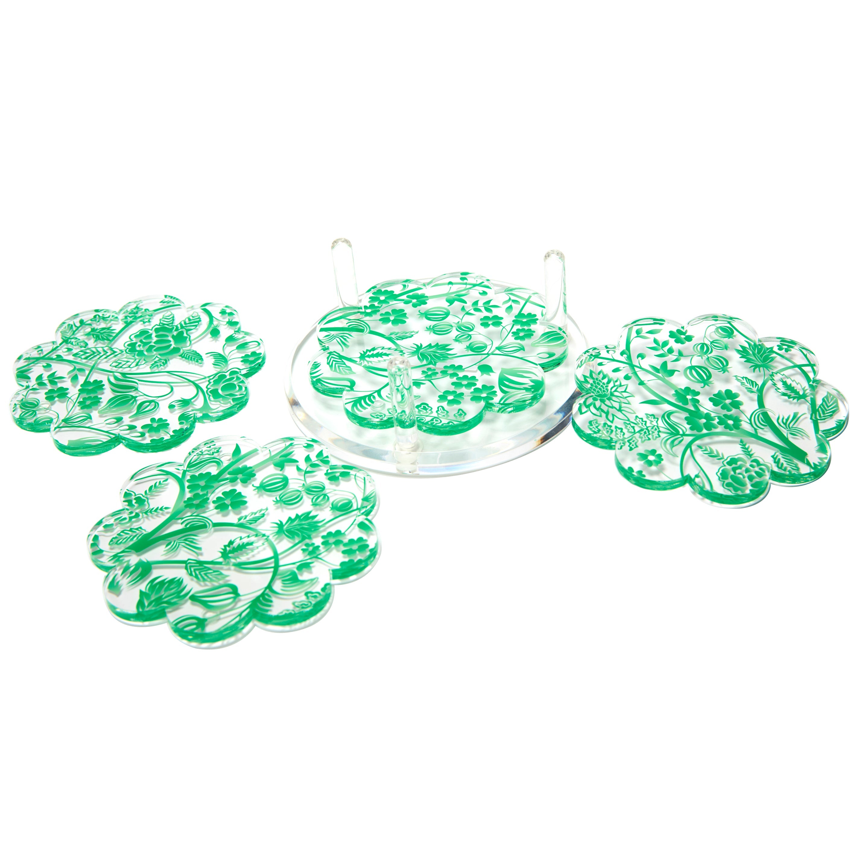 Tara Wilson Designs Giftware Scallop Drink Coasters - Toile- Green