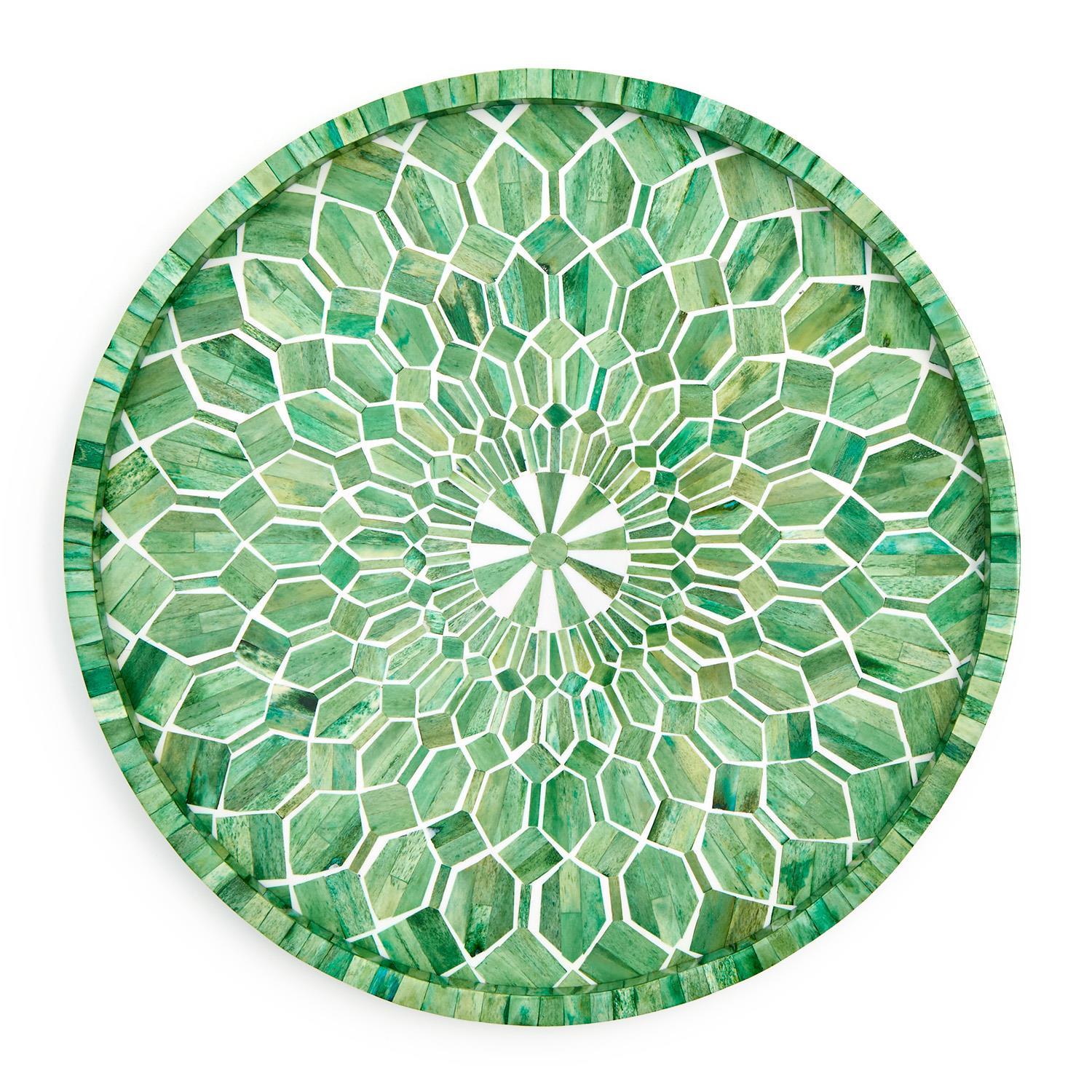 Tozai Home Home Tozai Home Emerald Cut Hand Inlaid Decorative Round Serving Tray