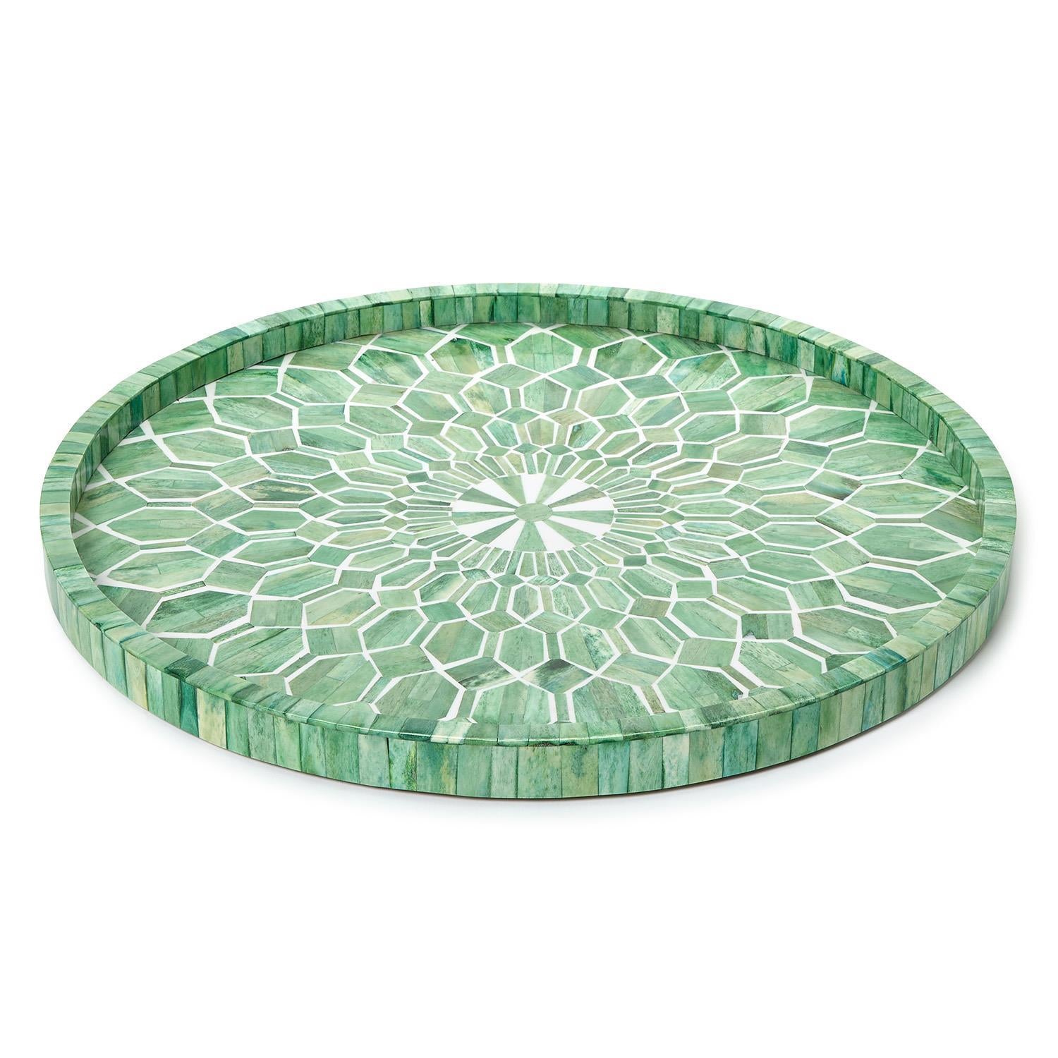 Tozai Home Home Tozai Home Emerald Cut Hand Inlaid Decorative Round Serving Tray