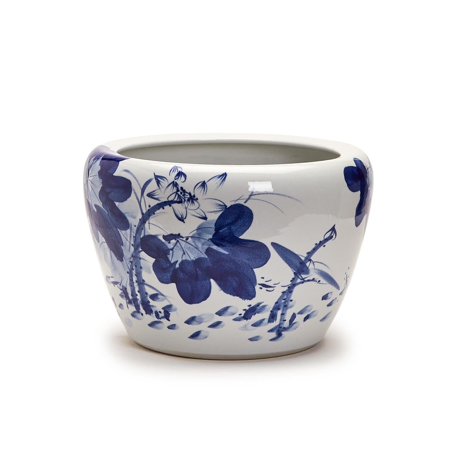 Tozai Home Home Tozai Home Japanese Blue Flower Blossoms Planter- Hand-Painted Porcelain